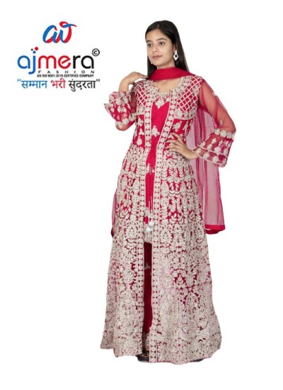 Jari Work Nyra Cut Long Top with Jacket Skirt and Dupatta Silk and Net Fabric in Surat