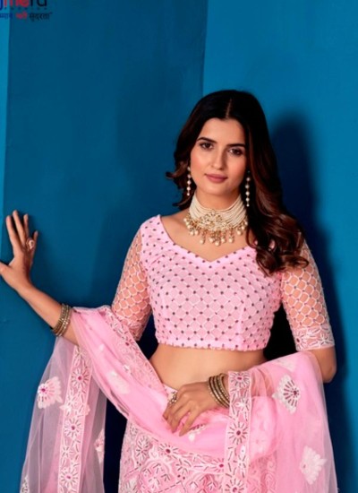 Three Piece Net Pair Lehenga Set with Embroidery and Polythene Packing in Surat